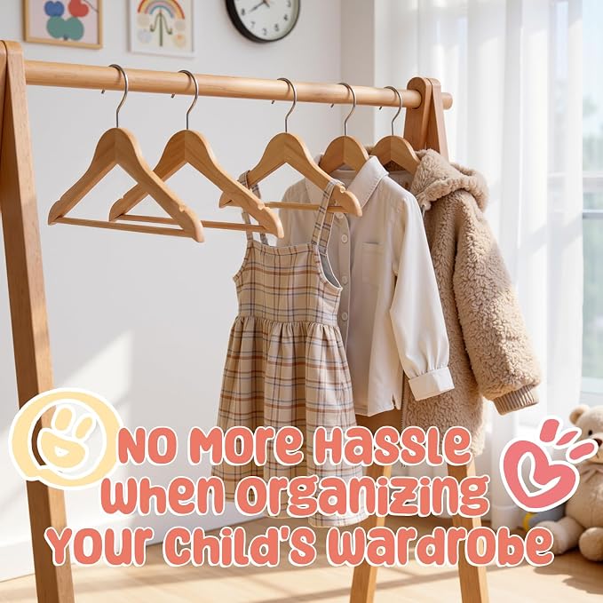Kids Wooden Hangers 20 Pack, Solid Wood Baby Hangers,12.6" Kids Hangers with Pants Bar,Shoulder Notches,Swivel Hooks,for Toddler Kids Clothes(Natural) - Image 6