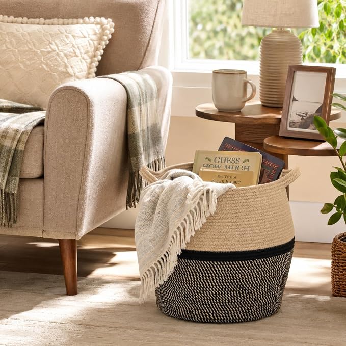 KAKAMAY Woven Baskets for Storage(17"x17"),Large Cotton Rope Woven Baby Laundry Hamper,Collapsible Laundry Basket, Blanket Basket for Organizing Living Room,Nursery,Clothes,Toy chest (Black) - Image 5