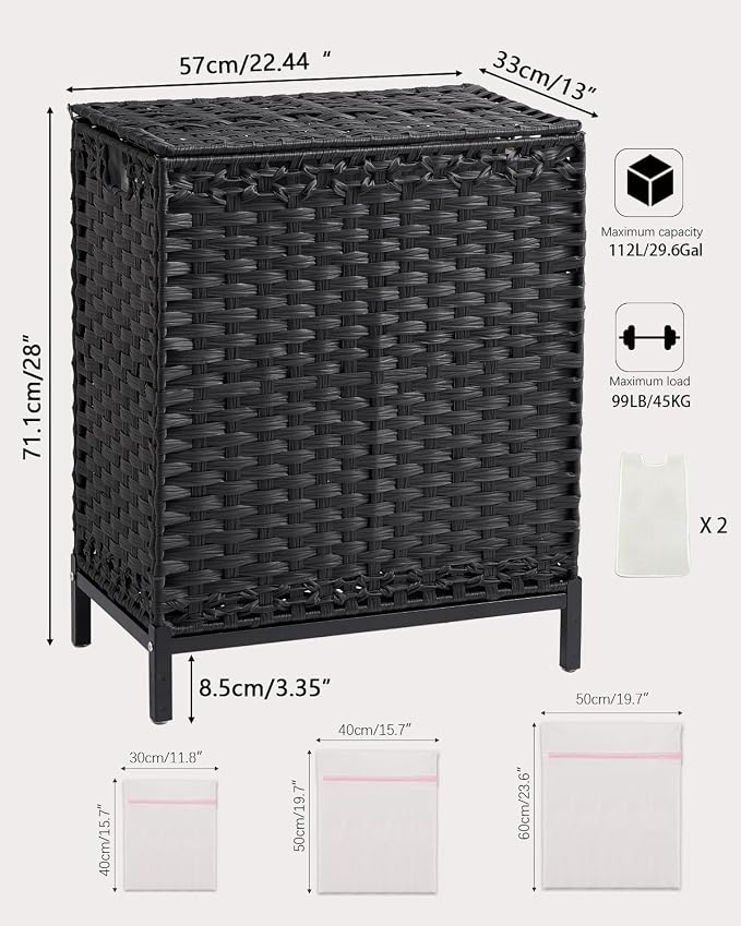 SETVSON Laundry Hamper with Lid, 112 L PE Rattan Woven Bin, Black | Decorative Furniture Look for Bedroom & Bathroom, 2-Section Sorting Hamper with Lid, 2 Liners, 6 Bags, Metal Feet - Image 5