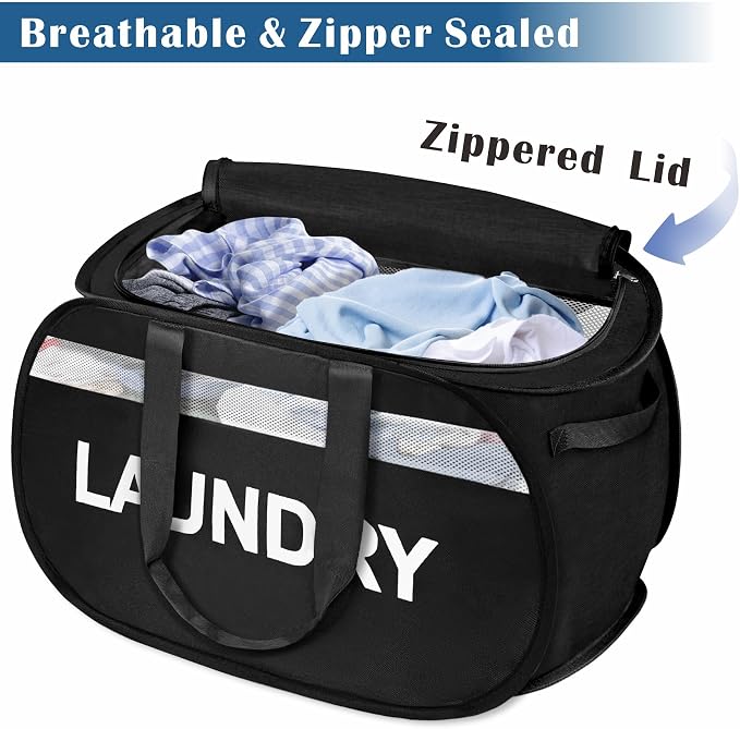 Large Collapsible Laundry Baskets Pop Up Laundry Hamper with Reinforced Handles Foldable Laundry Hamper for Home Laundry (Black Laundry with Lid) - Image 3