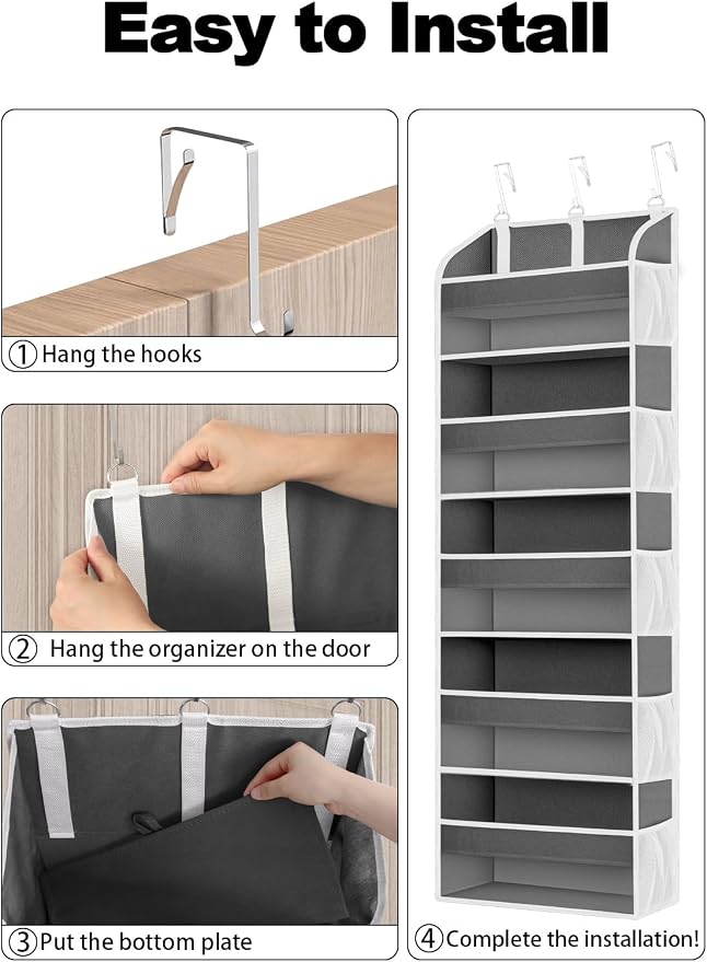 TAHAVICE Over the Door Organizer Storage, 5 Large & 10 Mesh Pockets | Hanging Organizer Closet College Dorm Essentials for Girls, Storage for Dorm Organization, Nursery & Bedroom (Dark Grey) - Image 7