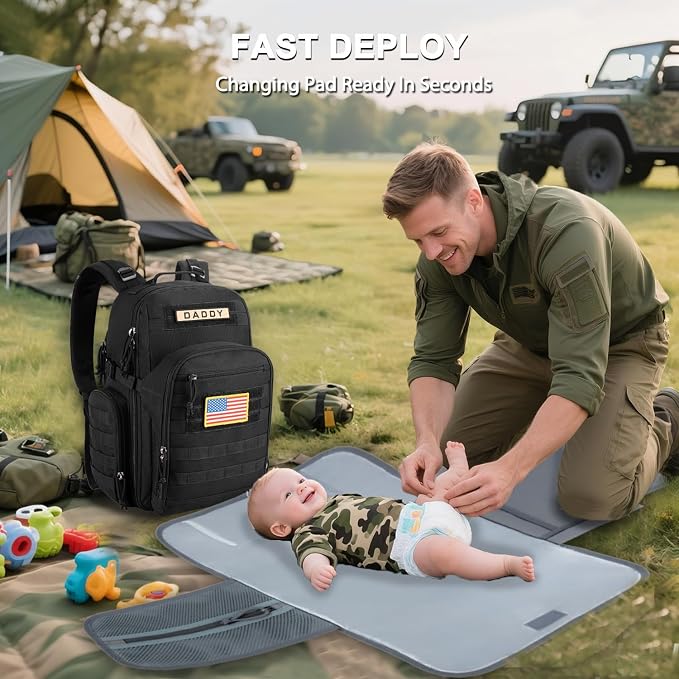 MIRACOL Dad Diaper Bag Military - Tactical Baby Backpack with Changing Pad for Outdoor Baby Care - Water-Resistant Fabric & MOLLE System Ideal for Travel Hiking Parks Grey - Image 2