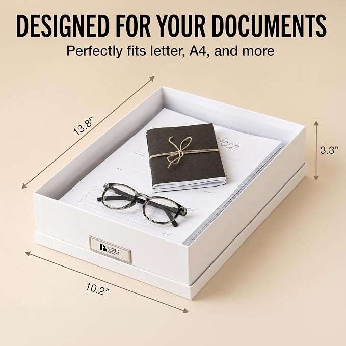 Bigso Oskar Fiberboard Label Frame Document Letter Box - File Organizer Box for Important Paperwork - Document Storage with a Lid & Metal Label Window - 3.3 in x 10.2 in x 13.8 in - 3 Pack - White - Image 4