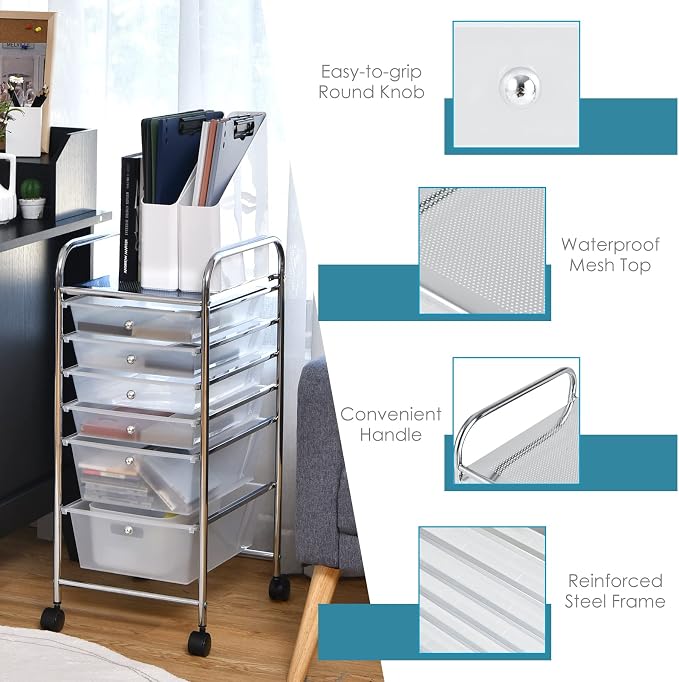 Giantex 6 Storage Drawer Cart Rolling Organizer Cart for Tools Scrapbook Paper Home Office School Multipurpose Mobile Utility Cart (Clear White) - Image 6