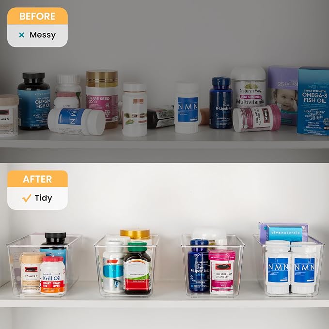 YIHONG 4 Pack Clear Storage Bins, Pantry Organizer Bins with Handle, Small | Plastic Bins, Pantry Storage Containers for Kitchen, Freezer, Cabinet, Closet, Bathroom, Under Sink Organizers and Storage - Image 6