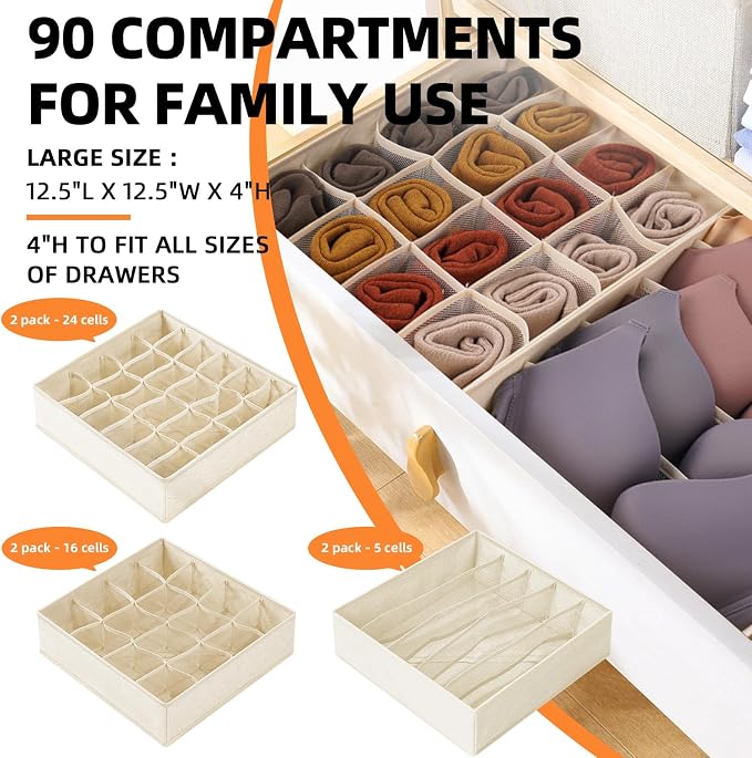 6 Pcs Drawer Organizer Clothes - 90 Cells Closet Organizers and Storage for Baby Nursery - Washable Fabric Dresser Organizer Dividers for Sock Underwear Bra Dorm Room Essentials (Beige) - Image 2
