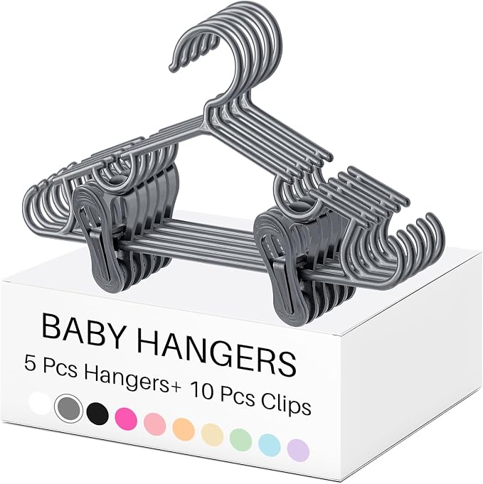 Hsei Baby Hanger with Clip for Pant,15 Packs Total,Gray,10.6 Inch | 5 Kids Plastic Hanger with 10 Clips for Newborn, Nursery, Daycare, Preschool, Closet, Wardrobe Organizer for Baby Shower by Hsei