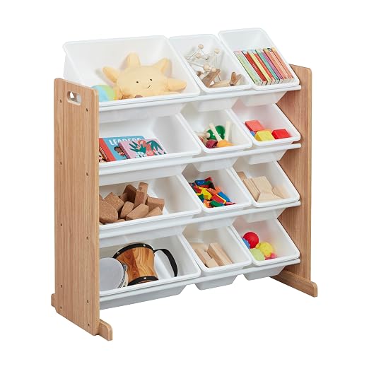 ECR4Kids 4-Tier Organizer with 12 Removable Plastic Bins, 4x3, Toy Storage, Dark Natural/White | Durable plastic bins, MDF panels, steel frame, GREENGUARD Gold Certified, 48 lb capacity, anti-tip kit, playroom/classroom - Image 10