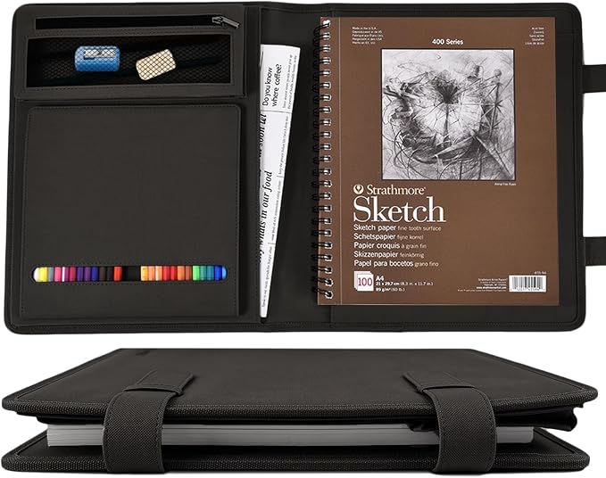 Black Leather Sketchbook Cover 9x12, Travel Drawing Portfolio | Portable sketch kit organizer, pencil holder, Fits 9x12 Sketch Book, Spiral Pad, Compact artist storage case by Plinyvel