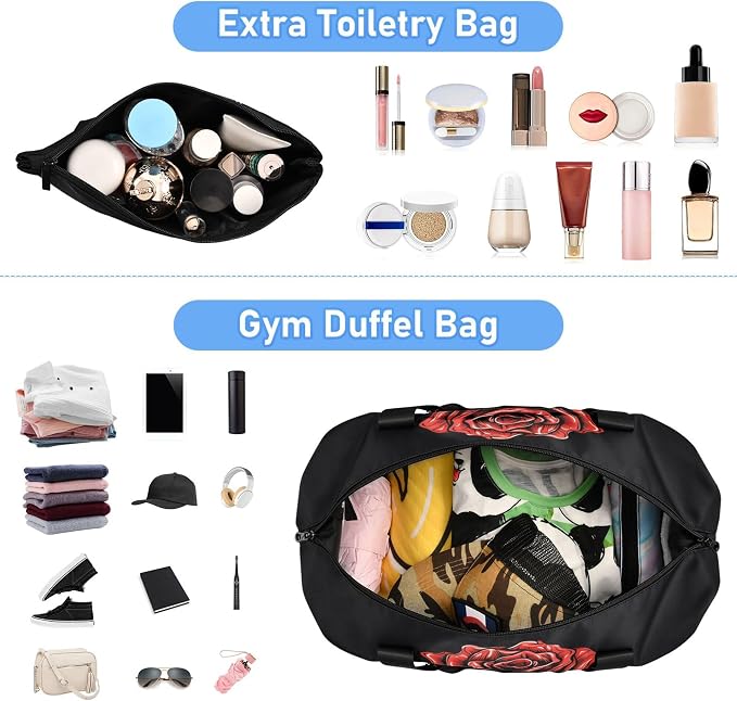 MNSRUU Unisex-Adults Travel Duffel Tote Bag Gothic Skull Rose Sports Gym Weekender Overnight Carry On Hospital Bag, 17.32 x 8.66 x 15.55 inches (expanded), Skull I 4148 - Image 5