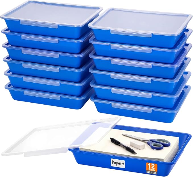 12 Pcs Classroom Paper Storage Bins with Clear Latching Lid, Label Stackable Letter Size Flat Tray Container for Teacher Back to School Supplies Home Office Desk Arts Crafts (Blue,13x10in) by Tinlade