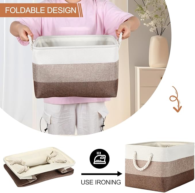 meekoo 8 Pack Collapsible Storage Bins Fabric Storage Bins Polyester Fabric Baskets with Handles Linen Closet Organizer for Shelf Home Closet Towels Toys(15 x 11 x 9.5 in,Mixed Beige) - Image 5