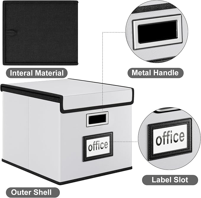 File Organizer Box with Lids, Collapsible File Folder Organizer | File Box with Plastic Slides for Document, Filing Bin for Letter Size Hanging File Folders (2 Pack, Silver, Leather) - Image 5