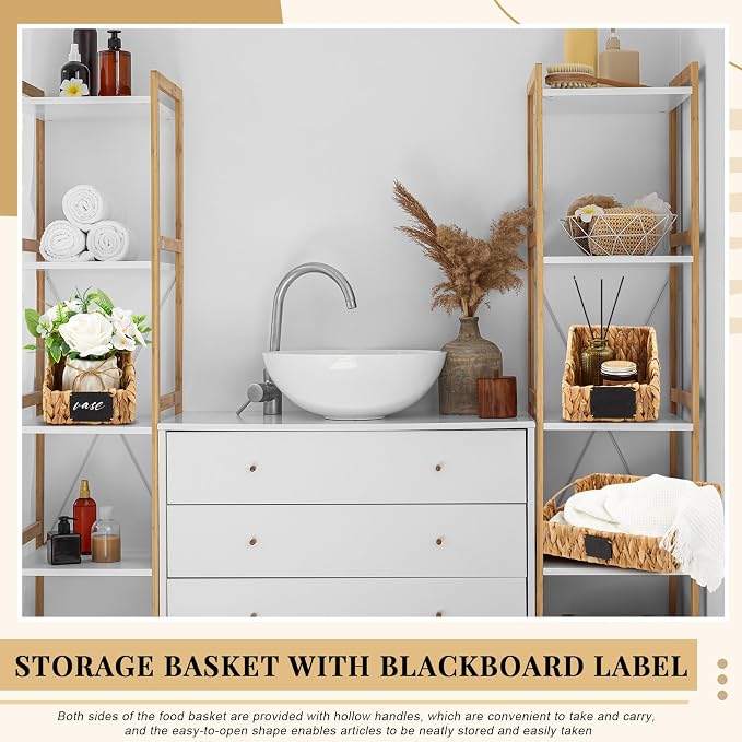 4 Pcs Water Hyacinth Storage Basket Set Boho Wicker Rattan Pantry Basket with Chalkboard Label Handles Woven Container Kitchen Laundry Large Small for Shelves Food Home Bathroom Decor - Image 6