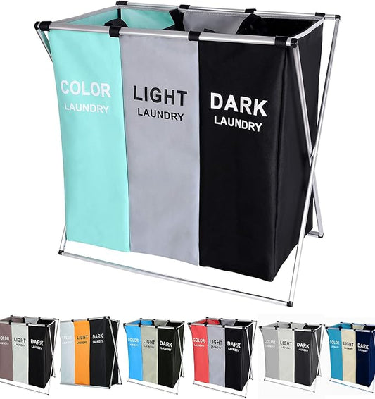 135L Laundry Cloth Hamper Sorter Basket Bin Foldable 3 Sections with Aluminum Frame 26''×24''H Washing Storage Dirty Clothes Bag for Bathroom Bedroom Home Storage basket (3 Liner, Green+grey+black) by Unknown
