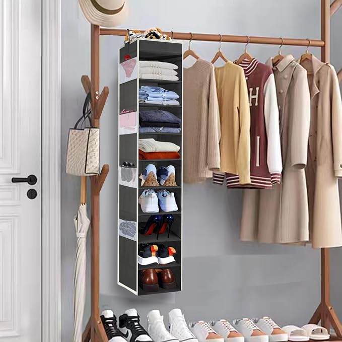 Large-Sized Hanging Shoe Organizer 10-Shelf, Sturdy Hanging Closet Organizer with 8 Side Pockets, Wider Hanging Shelves for Storage Shoes Clothes Jeans Shirts Toys, Black - Image 2