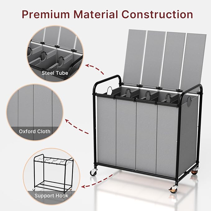 180L Laundry Sorter 4 Section with Lockable Wheels and Lid Grey | 4 Large Separate Removable Bags | Heavy Duty Rolling Laundry Basket | Laundry Hamper Cart for Laundry Room Organizer - Image 7