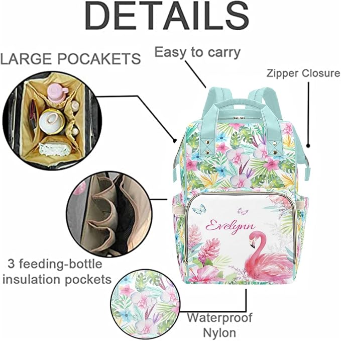 Custom Diaper Bag Personalized Flamingo Casual Nursing Mommy Daypack with Insulated Pocket Customized Cute Diaper Bag Backpack with Name or Holiday Travel - Image 5