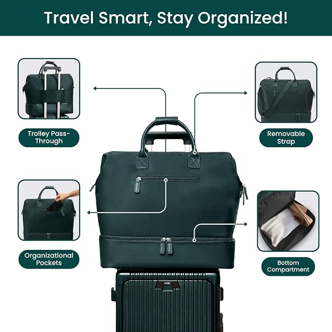 Nobl Travel Weekender Bag for Women & Men, Carry-On Duffel, Forest Green | Large Leather Overnight Tote with Trolley Sleeve, Separate Shoe Compartment & Laptop Pocket for Airplane, Gym & Road Trips - Image 3