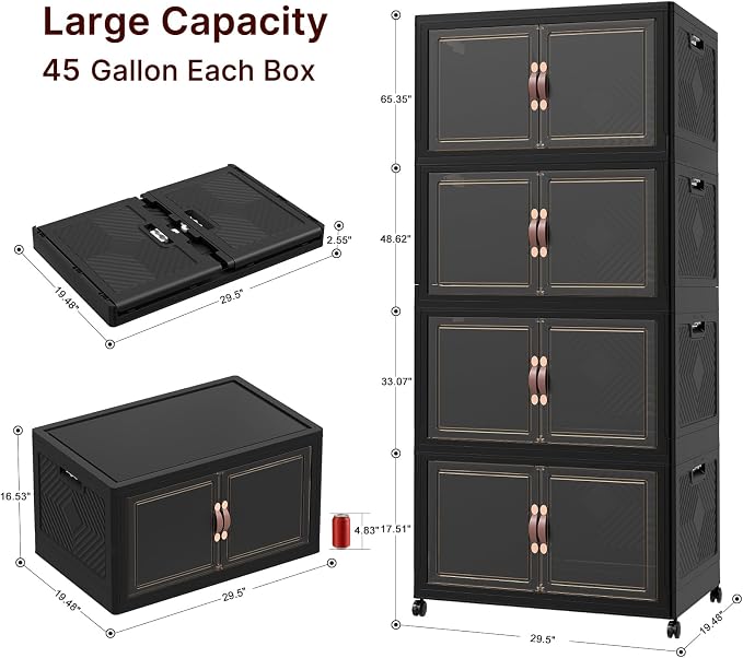 Stackable Storage Bins with Lids, 1440QT Lockable Storage Cabinet | Folding Storage Box with Doors and Wheels, Collapsible Plastic Drawers for Home, Garage, Office - Image 7