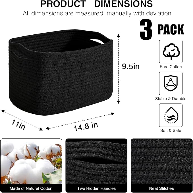 Storage Baskets for Organizing Shelves, Woven Cotton Rope Bins for Organization, Dog Toy Organizer for Shelf Living Room Bedroom, 14.8"×11"×9.5", Pack of 3, Black - Image 2