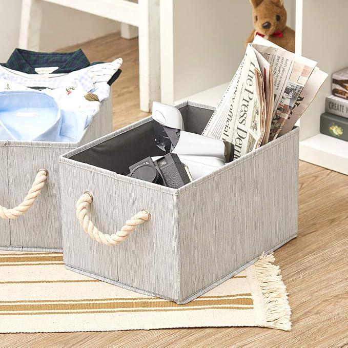 EZOWare Set of 3 Large Fabric Storage Bins Basket with Cotton Rope Handle, Collapsible Cube Container Box for Nursery, Kids, Closet, and More (Gray) - Image 8