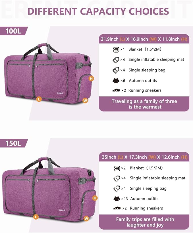 Gonex 80L Foldable Travel Duffle Bag with Shoe Compartment, Lightweight | 210D Nylon, Water-Repellent, Folds Compact, Multiple Pockets, Luggage Sleeve, Weekend Trips & Camping, Mauve - Image 3