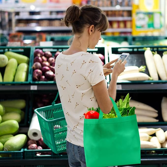 Reginary 100 PCS Non Woven Tote Bags Bulk,Green | Reusable Shopping Bags with Handles, Stores, Groceries Markets, Events Gift, Party Supplies - Image 3