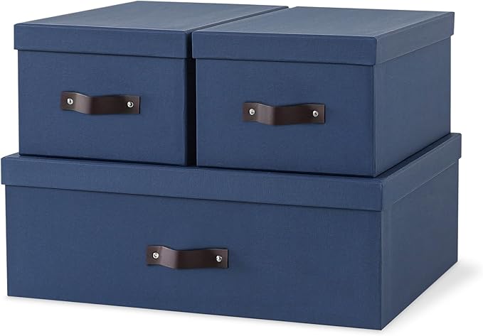 Soul & Lane - Decorative Storage Boxes with Handles, Set of 3, Navy | Sturdy Cardboard Photo Organizers with Lids for Office and Home, Blue Memory Storage Containers for Pictures and Papers by SoulLane