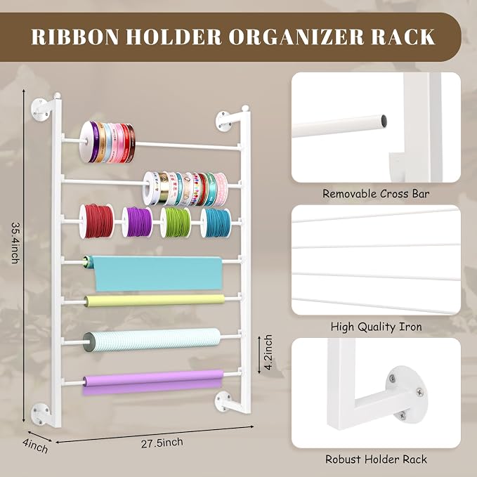 Yonynise Ribbon Storage Organizer,Wall Mounted Ribbon Holder Rack,7 Tier Large Capacity Metal Ribbon Storage for Craft Room,Flower Shop,Cake Shop,Gift Wrapping Paper,White - Image 2