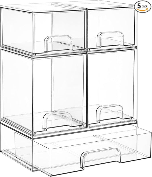 Vtopmart Clear Stackable Storage Drawers Set of 5, Plastic Organizer Bins | Multi-purpose Boxes for Baby Bottle Storage, Ideal for Kichen, Vanity, Bathroom, Undersink, Cabinet, Pantry Organization by Vtopmart