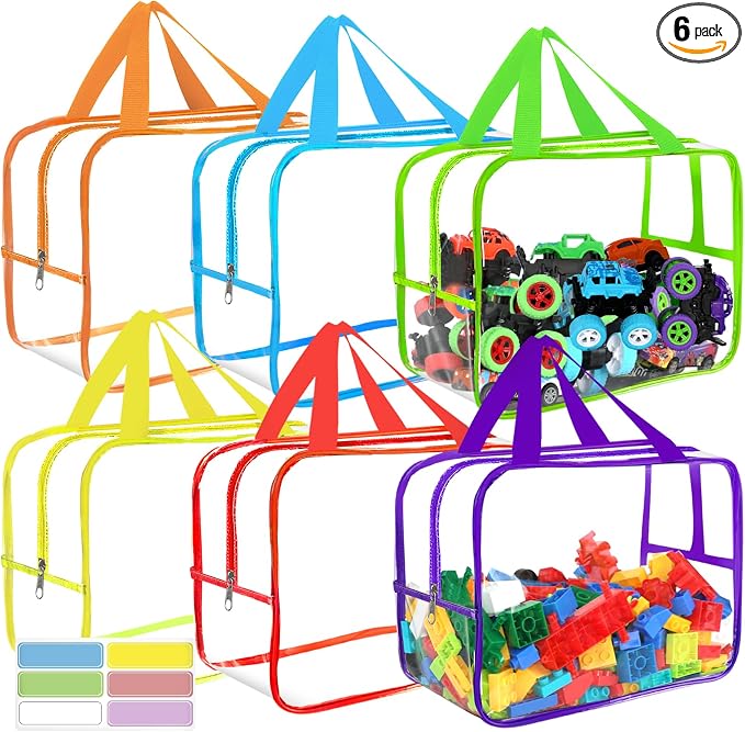 6 Colors Widen X-Large Toy Storage Bags 12.6×9.25×6.9In with Labels, Reusable Clear PVC Board Game Storage, Travel Waterproof Organizer Bags with Zipper for Building Blocks, Puzzle, Stuffed Animals by OPELETNNT