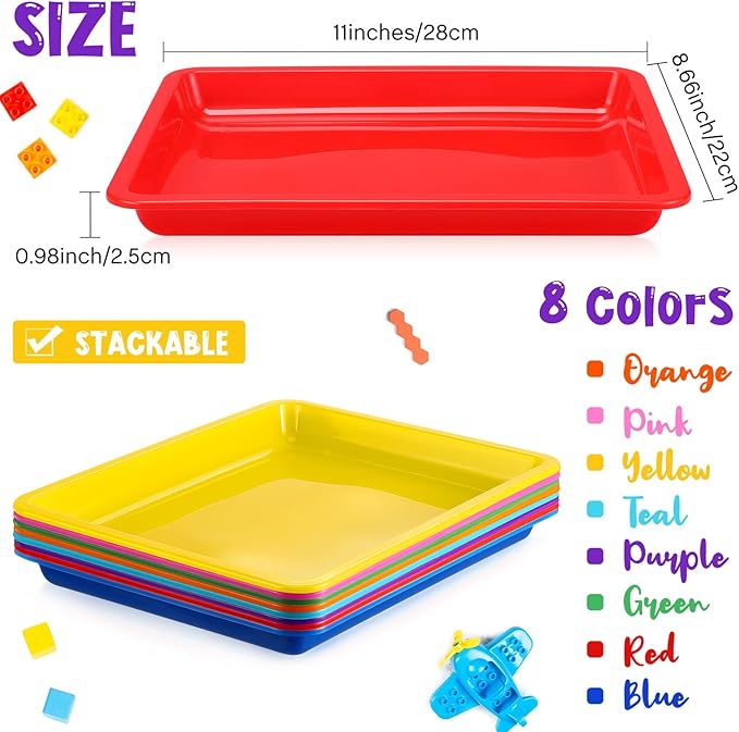 Maitys 24 Pcs Plastic Art Tray 11x8.7x1 Inch Activity Craft Tray,Colorful | Classroom Serving Trays, Stackable Storage, Sand Trays for School Painting Beads Crafts DIY Projects - Image 3