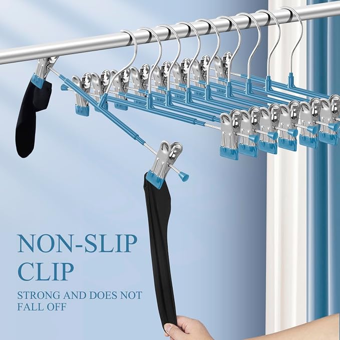 Pants Hangers with Clips Skirt Hangers, 12 Inch 20 Pack, Blue | Non-Slip,Adjustable metal clips,Space-Saving,Heavy duty, for pants/skirt/dress/trousers/jeans/shorts/Clothes,Women,men - Image 3