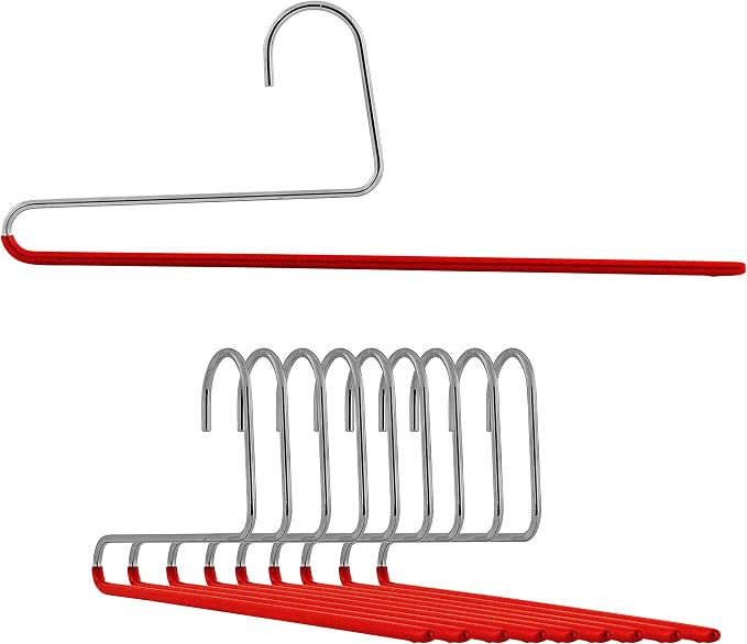 Mawa by Reston Lloyd Reverse Hook Trouser Series Non-Slip Space-Saving Clothes Hanger with Single Rod for Pants, Style KH/35U, Set of 10, Red by Mawa