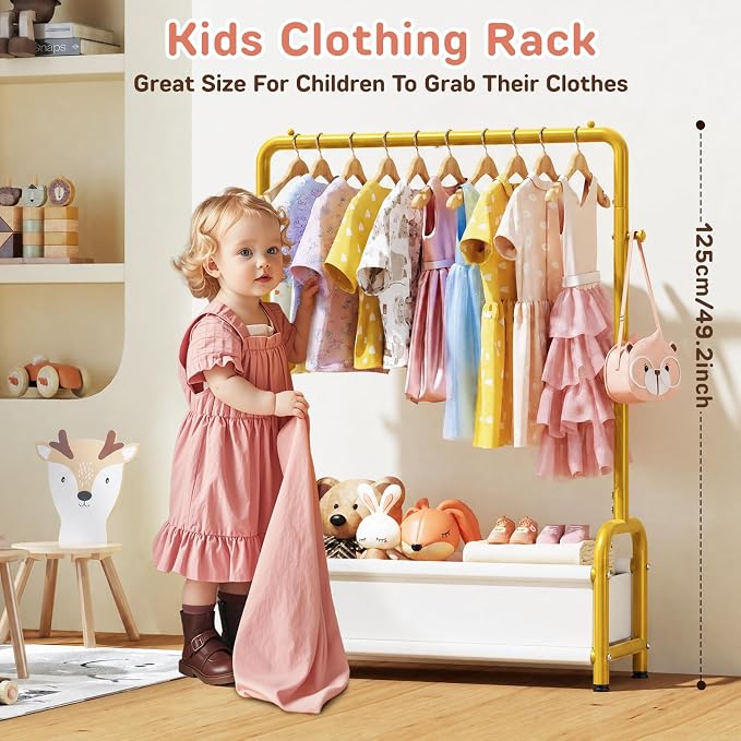 Kids Clothing Rack with Storage Shelf, Kids Dress Up Storage | for Coats, Small Baby Garment Rack for Hanging Clothes, Toddler Wardrobe Closet Organizer (Gold, Classic) - Image 2