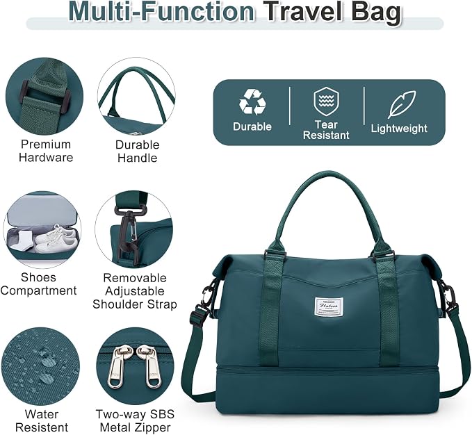 Weekender Bags for Women, Travel Duffel Bags with Shoe Compartment & Wet Pocket,Personal Item Travel Bag for Airlines,Carry on Overnight Tote Bag for women,3Pcs Set，Peacock Blue - Image 5