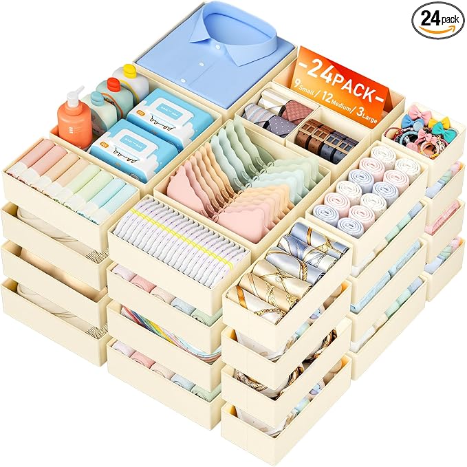 DIMJ Drawer Organizer Clothes - 24 Pack Dresser Organizer, Foldable Closet Organizers and Storage, Fabric Dresser Drawer Organizers, Drawer Dividers for Nursery, Baby Clothes, Underwears, Sock by DiMJ