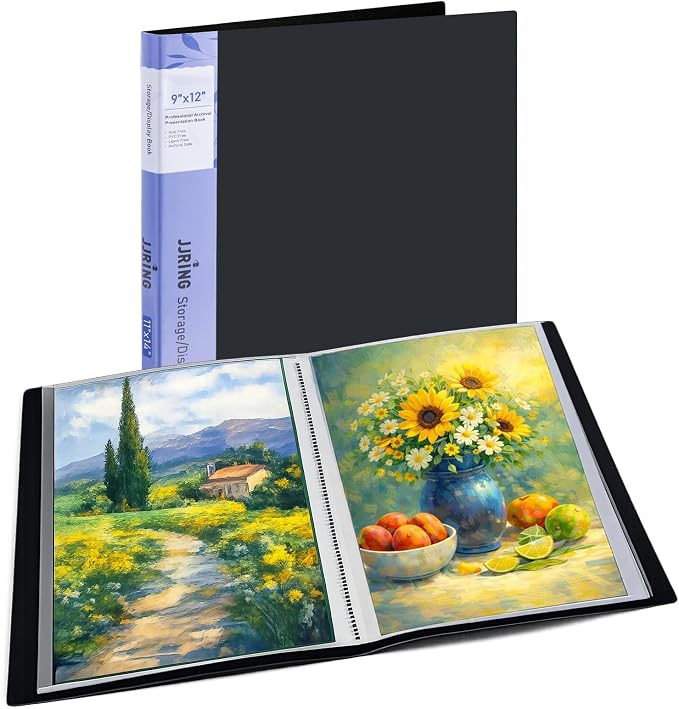 9x12 Black Art Portfolio Folder Displaying 48 Pages with Plastic Sleeves | 24-Pocket Presentation Book Binder For Artwork Storage Featuring Dark Inner Paper Inserts Protective Document Archival Holder by JJRING