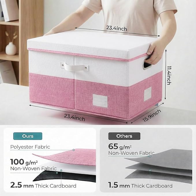 Storage Bins with Lids [3-Pack] Linen Fabric Foldable Storage Boxes Organizer Containers Baskets Cube with Cover for Bedroom Closet Office White&Pink (23.4X15.9X11.4) - Image 3
