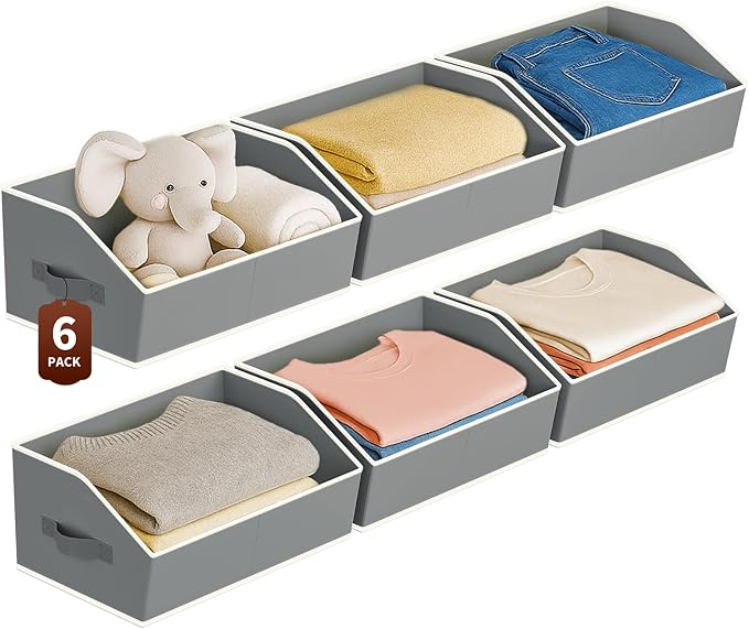 Large Closet Organizers and Storage Bins - 6 Pack Trapezoid Storage Baskets for Shelves, Foldable Fabric Baskets with Handles Ideal for Closet, Basket, Wardrobe and Shelf Storage, Grey by Homsorout