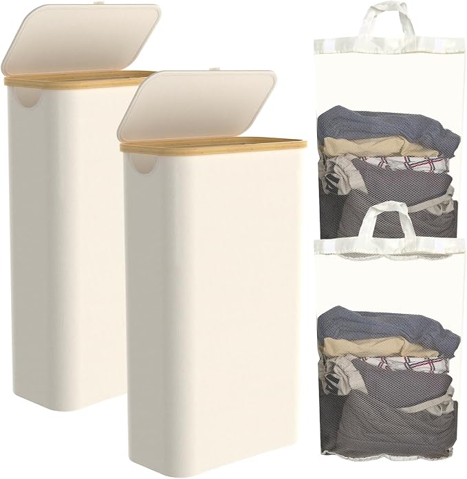 Slim Laundry Hamper with Lid, 60L Laundry Basket with Handles, Skinny Narrow Collapsible Dirty Clothes Hamper with Removable Laundry Bag for Bathroom Bedroom Dorm Clothes Toys Towels (Beige, 2 Pack) by Homiviv