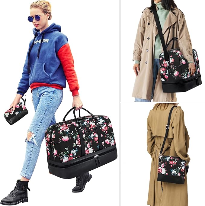 Weekender Bag for Women, Large Overnight Bag Canvas Travel Duffel Bag Carry On Tote with Shoe Compartment 21" 3Pcs Set - Image 6