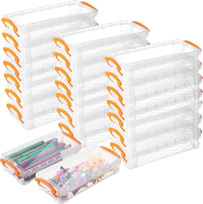 Gueevin 24 Pcs Large Capacity Plastic Pencil Box Clear Plastic Pencil Case Crayon Box with Snap Tight Lid Watercolor Pen Storage Brush Organizer Drawing Tools Container (Orange) by Gueevin
