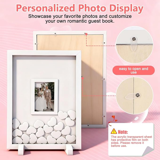 Wedding Guest Book Alternative Wooden Picture Frame Guestbooks(White) | With 90+ hearts, Guest Book Alternative for Wedding Baby Shower Anniversary Birthday Party - Image 3
