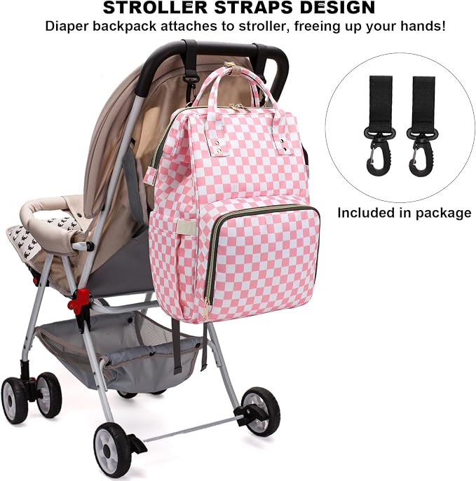 Checkered Pink Baby Diaper Bag Backpack for Women, Large Capacity Waterproof Maternity Travel Nappy Backpacks with Stroller Straps - Image 5