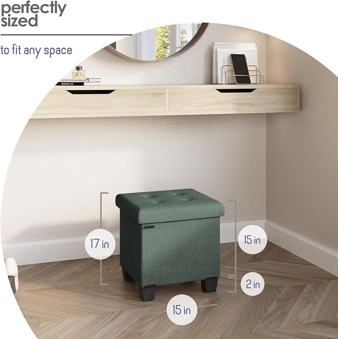 Storage Ottoman Cube with Small Bin, 15-in Square Ottoman with Storage for Living Room and Bedroom, Small Ottomans Foot Rest, Fabric Foot Stools Ottomans Max 330lbs, Green - Image 9