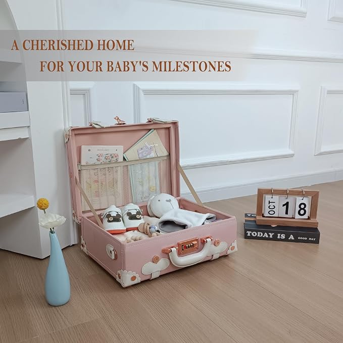 Unitravel Baby Keepsake Case, 16" Handmade Memory Storage Box, Newborn Keepsake Box, Vintage Suitcase for Baby Shower, Baptism, Naming Ceremony or Birthday (Pink) - Image 2