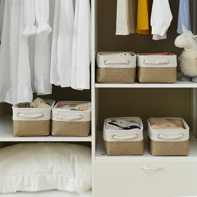Storage Basket for Organizing - 1 Pack 12x8x5.2 inch Baskets for Gifts Empty with Handles, Fabric Storage Cubes for Organizer Closet Dog Gift Cloth Toy (Whiet & Khaki) - Image 3