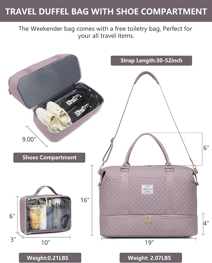 Women Weekender Travel Duffle Bag: Travel Duffel Overnight Bags with Shoe Compartment Carry on Tote Bags Toiletry Bag Weekend Yoga Gym Hospital Bags for Labor and Delivery with Wet Pocket Purple Grey - Image 5